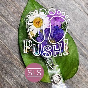 Baby Feet Floral Badge Reel With Push-OBGYN Badge Reel-NICU Nurse-OB Nurse Badge